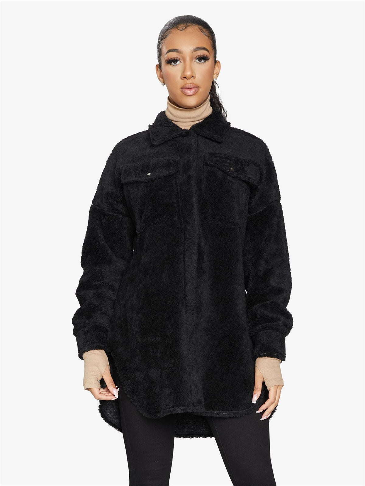 Oversized Stud Button Borg Teddy Shacket