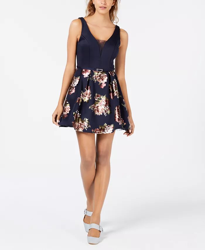 Crystal Doll Juniors' Foil-Print Fit & Flare Dress