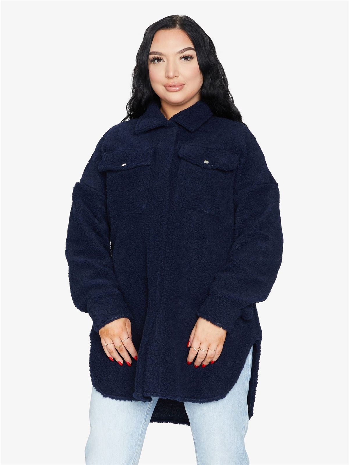 Oversized Stud Button Borg Teddy Shacket