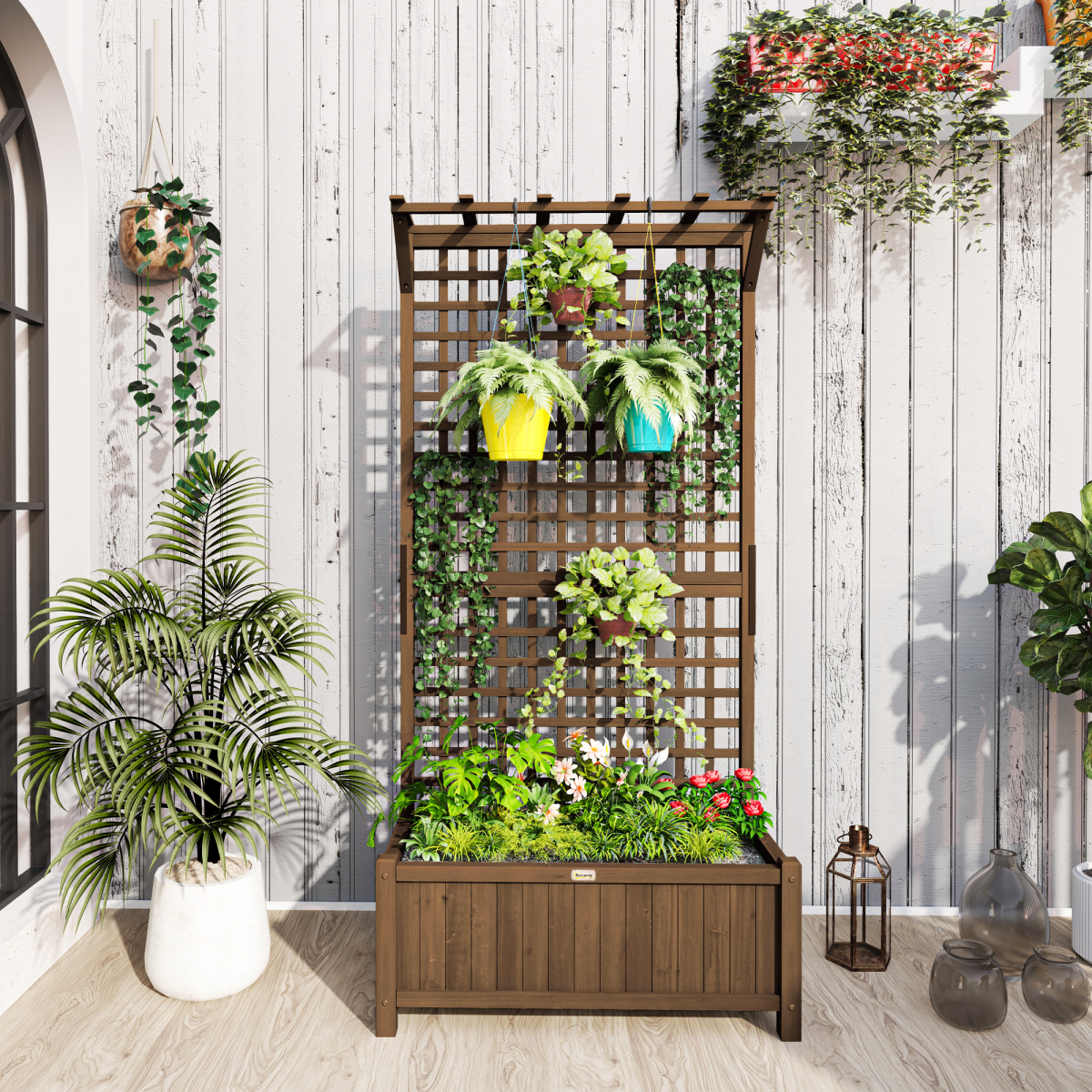 Wooden Trellis Planter with Drain Holes, Privacy Screen Raised Beds for Garden