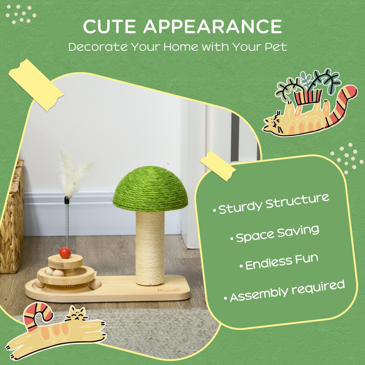 PawHut Mushroom-Shaped Cat-Scratching Post for Indoor Cats with Toy Balls