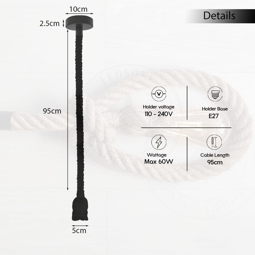 Vintage Ceiling Pendant Light 1m Yellow Colour Hemp Rope Hanging Lamp Lights