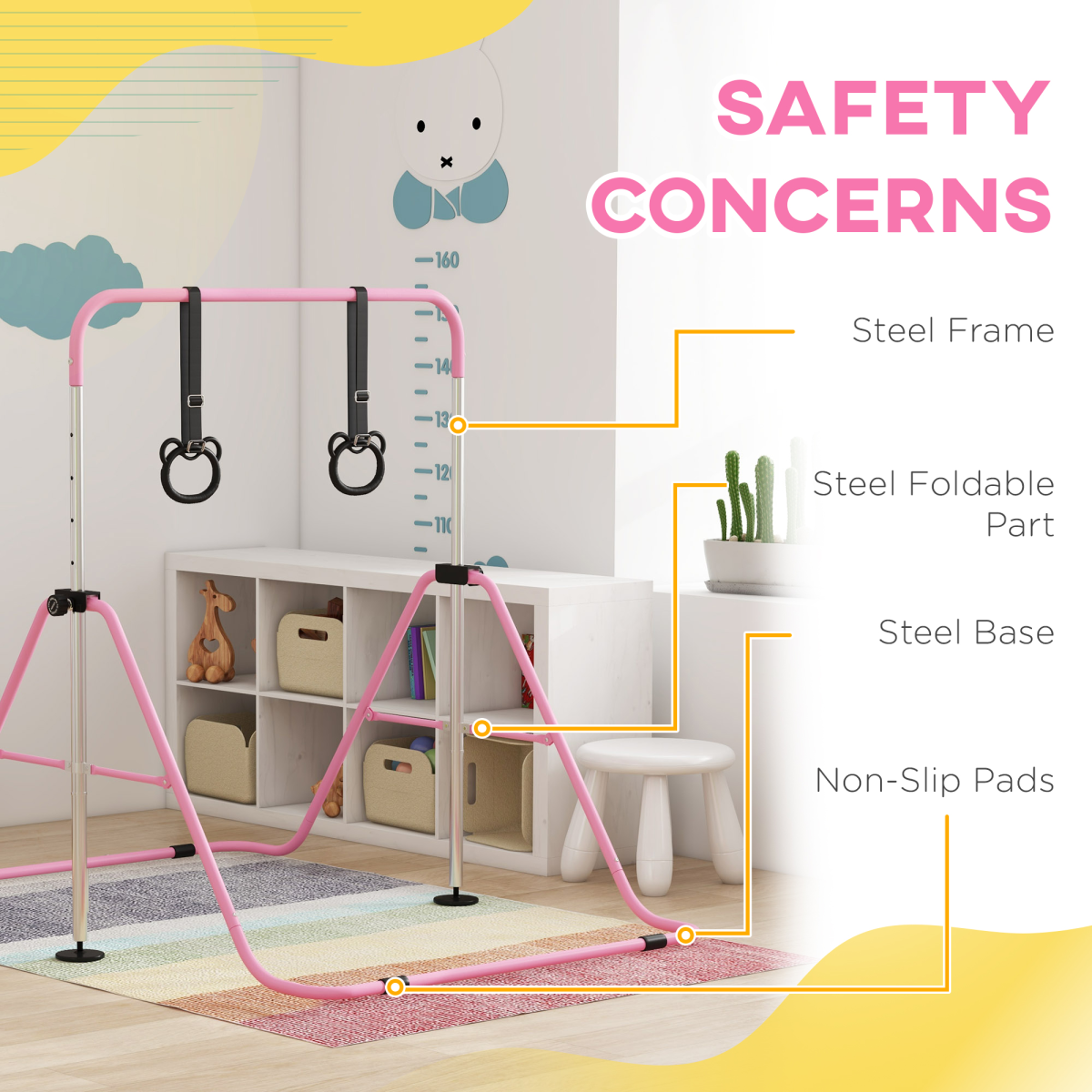 HOMCOM Adjustable Height Foldable Kids Gymnastics Bar with Non-Slip Mats, Pink