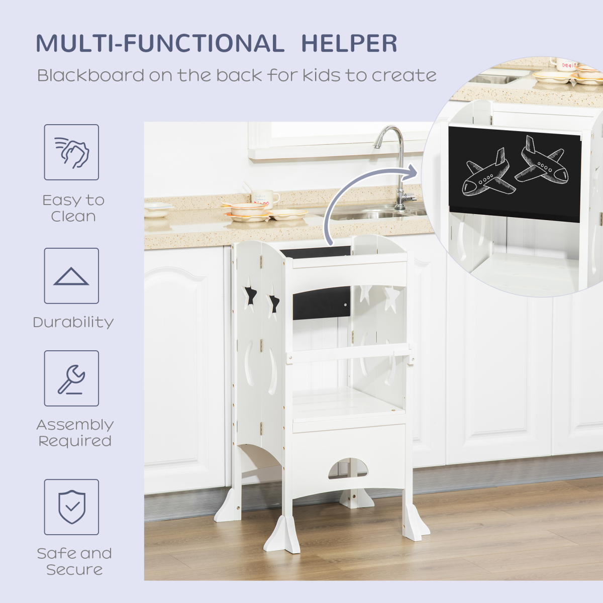HOMCOM Kids Step Stool Toddler Kitchen Stool with Blackboard Lockable Handrail