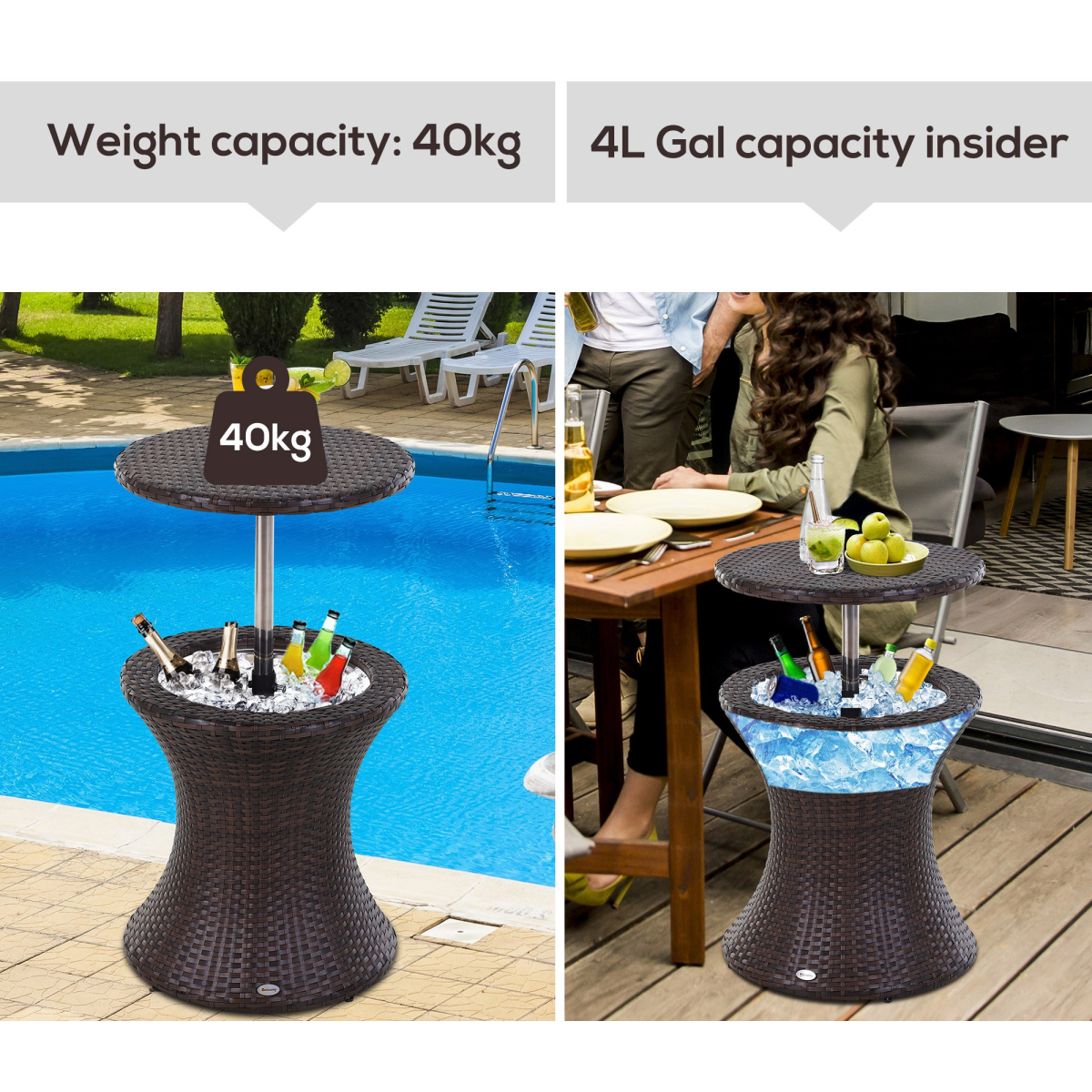 Rattan Ice Bucket Cooler Table Beer Patio Party Activity Bar W/Table-Brown