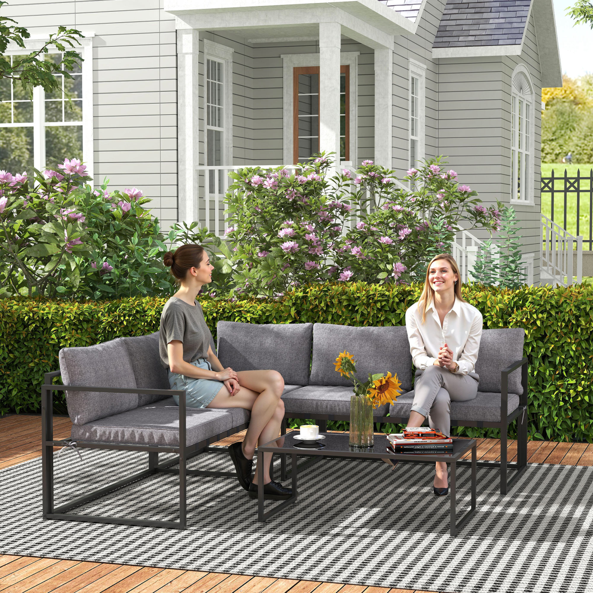 Outsunny 3 Piece L Shaped Garden Furniture Set with Cushions, Grey