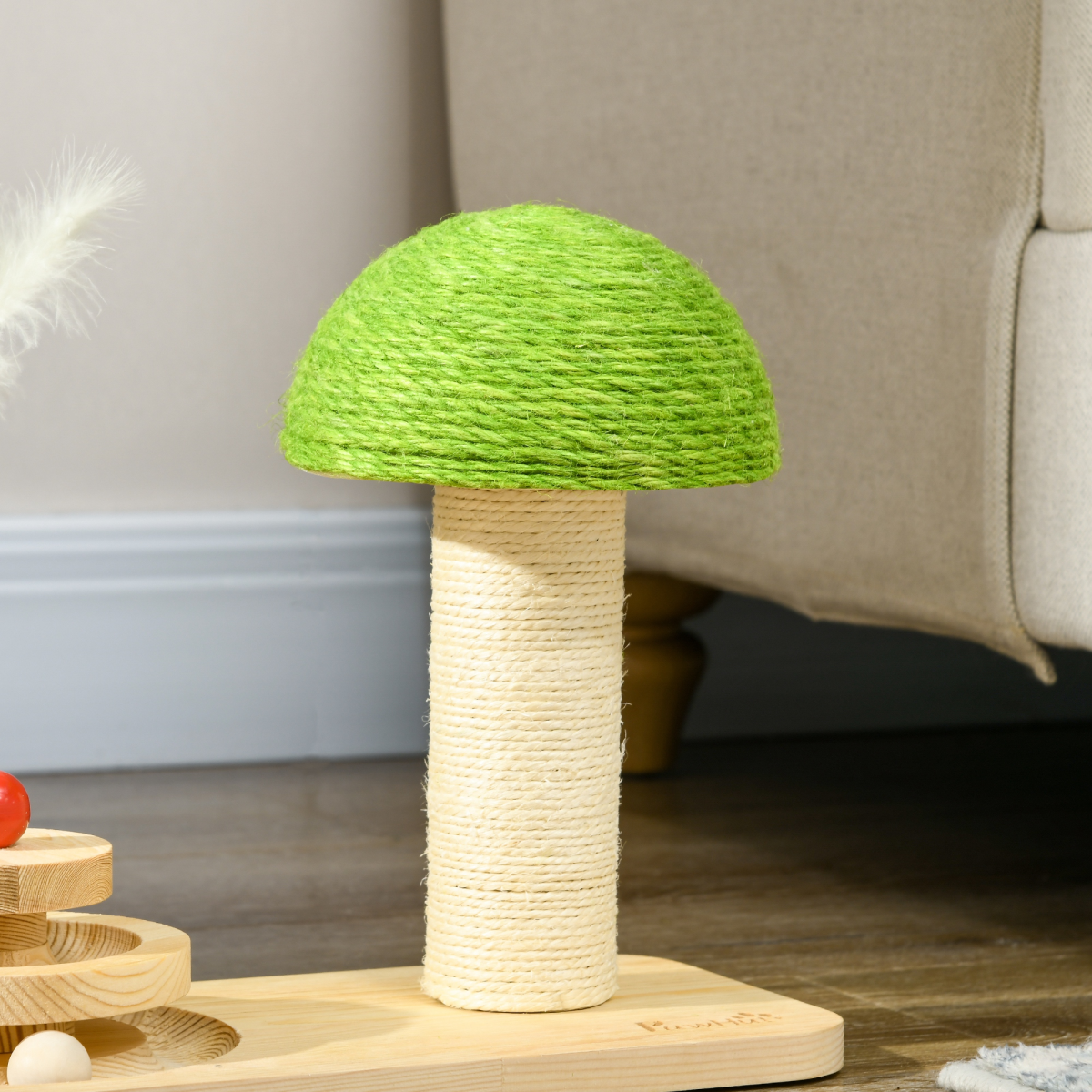 PawHut Mushroom-Shaped Cat-Scratching Post for Indoor Cats with Toy Balls