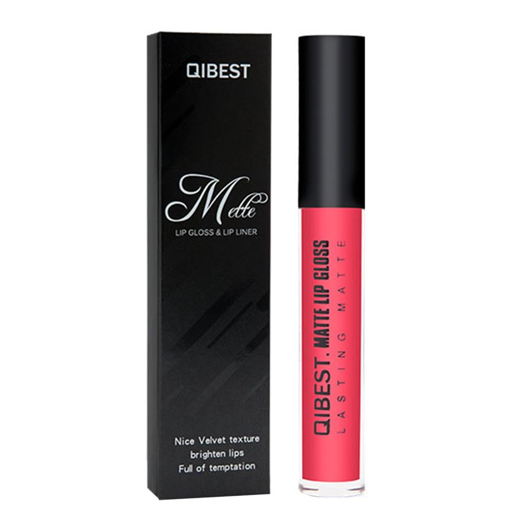 Qibest Double Pack Matt Liquid Lip Gloss and Lip Pencil Liner Kit, Bright Pink