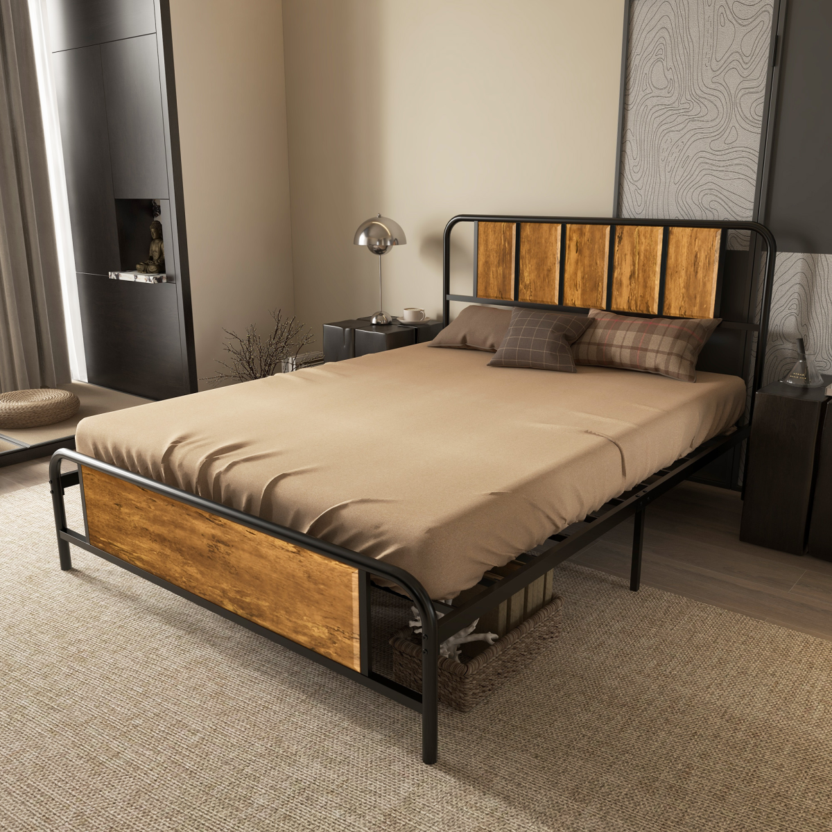 Double Bed Frame Steel Bed Base with Headboard 145 x 199cm Brown
