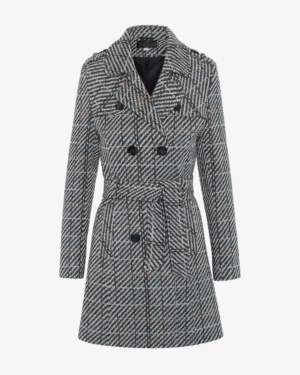 Wool Blend Check Double Breasted Military Coat