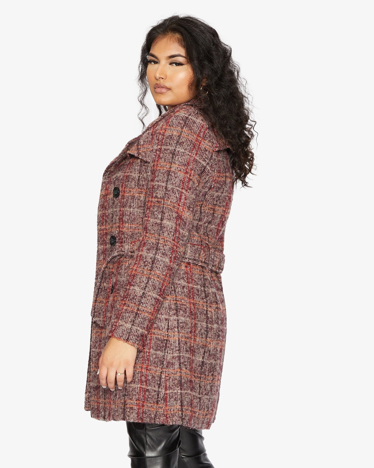 Wool Blend Check Double Breasted Military Coat