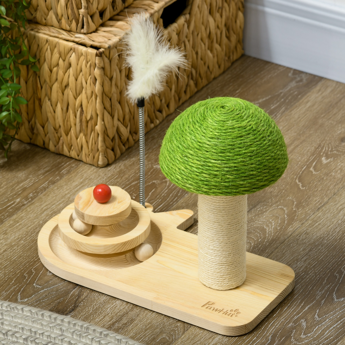 PawHut Mushroom-Shaped Cat-Scratching Post for Indoor Cats with Toy Balls