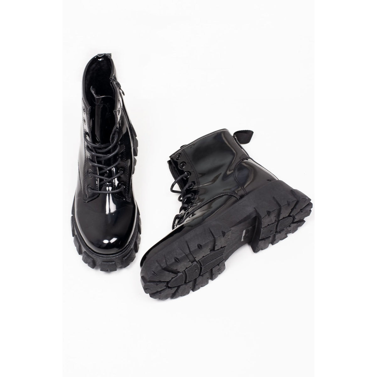 Lace Up Chunky Patent Ankle Boots in Black