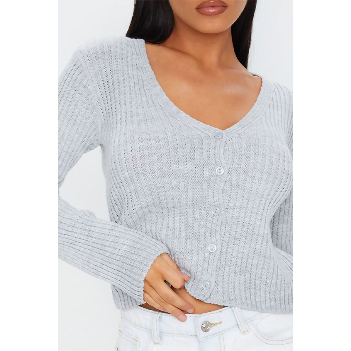 Grey Button Front Ribbed Cardigan