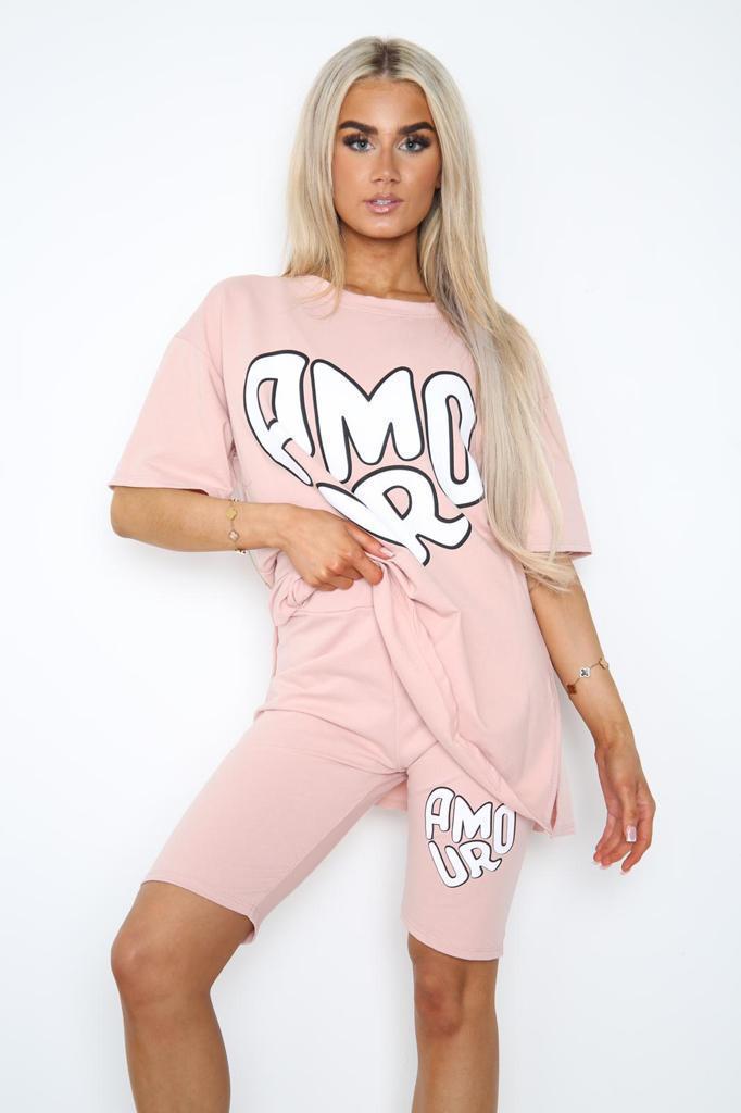 Amour Side Slit Cycling Short and T-Shirts Co-Ord Two Piece Set with