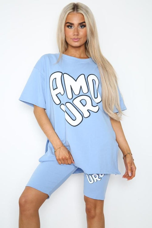 Amour Side Slit Cycling Short and T-Shirts Co-Ord Two Piece Set with