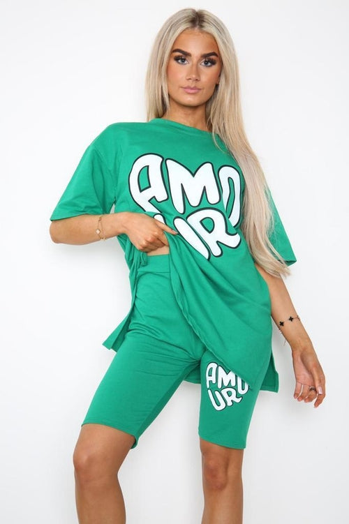 Amour Side Slit Cycling Short and T-Shirts Co-Ord Two Piece Set with