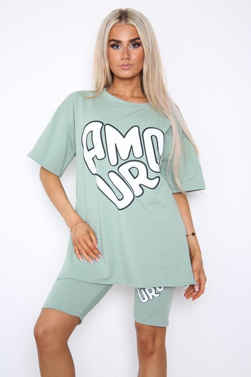 Amour Side Slit Cycling Short and T-Shirts Co-Ord Two Piece Set with