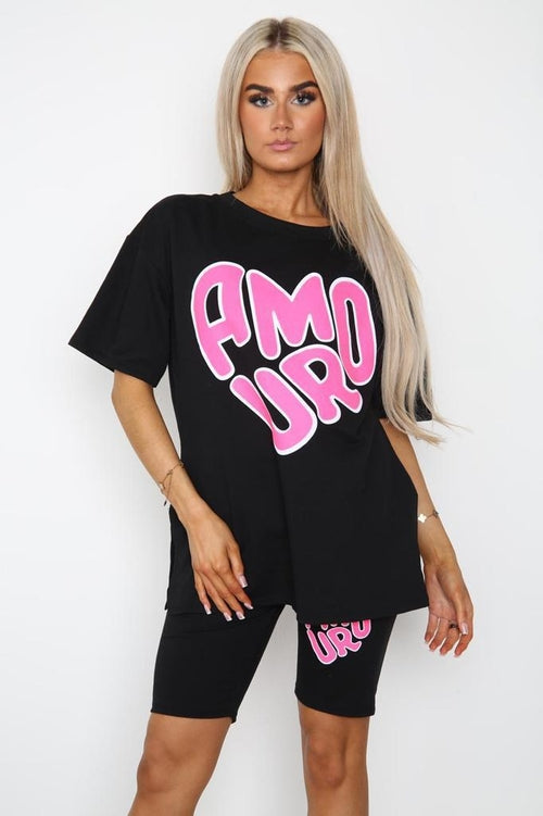 Amour Side Slit Cycling Short and T-Shirts Co-Ord Two Piece Set with