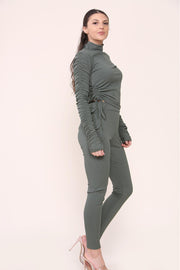 High Neck Ruched Side Arm Solid Drawstrings Ribbed Tee and Leggings
