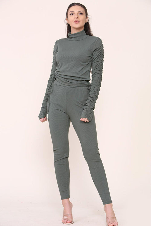 High Neck Ruched Side Arm Solid Drawstrings Ribbed Tee and Leggings