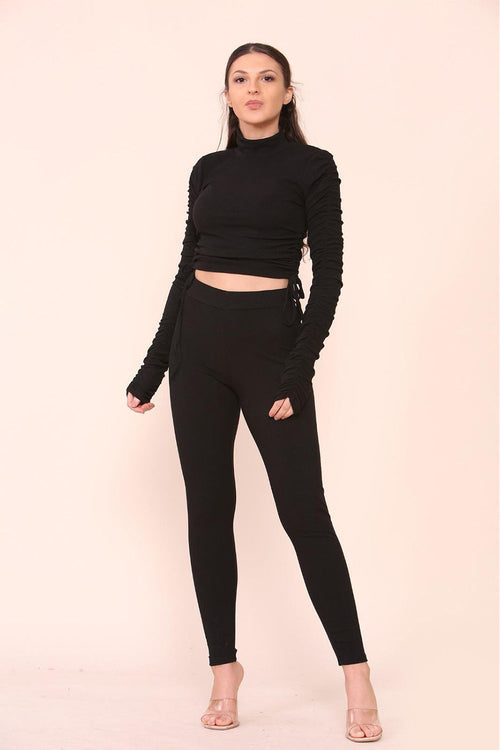 High Neck Ruched Side Arm Solid Drawstrings Ribbed Tee and Leggings