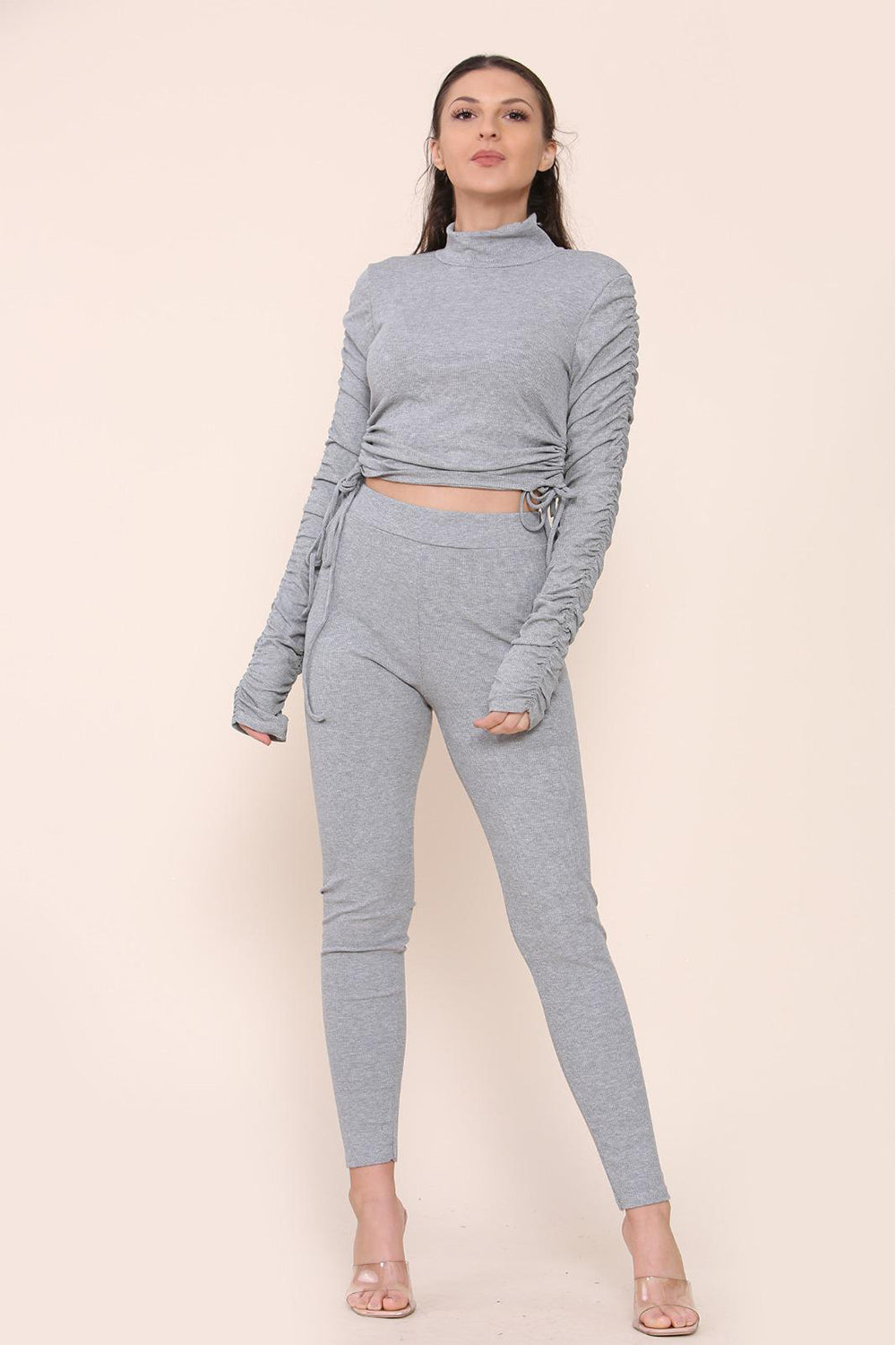 High Neck Ruched Side Arm Solid Drawstrings Ribbed Tee and Leggings