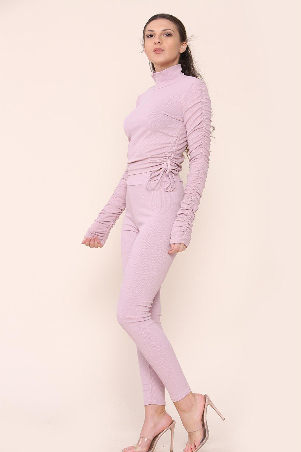 High Neck Ruched Side Arm Solid Drawstrings Ribbed Tee and Leggings