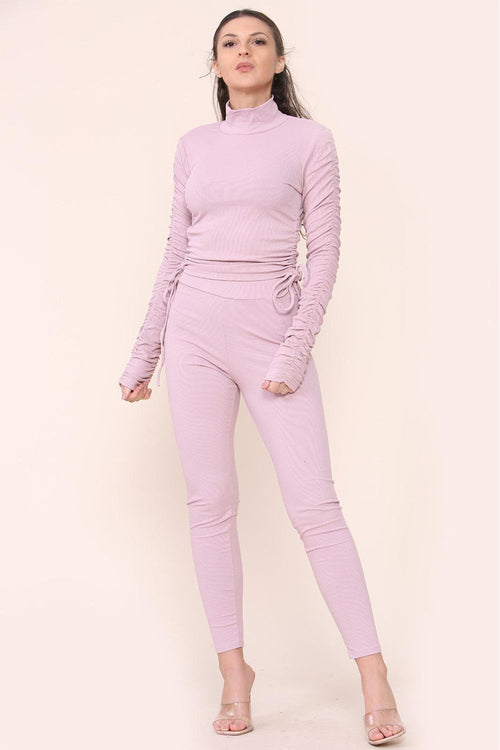 High Neck Ruched Side Arm Solid Drawstrings Ribbed Tee and Leggings