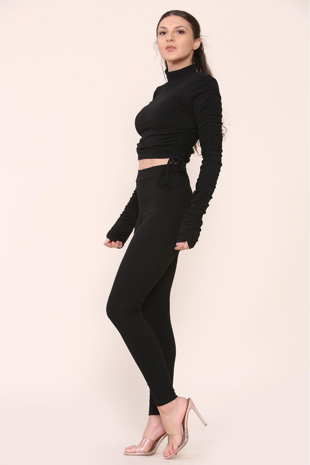 High Neck Ruched Side Arm Solid Drawstrings Ribbed Tee and Leggings