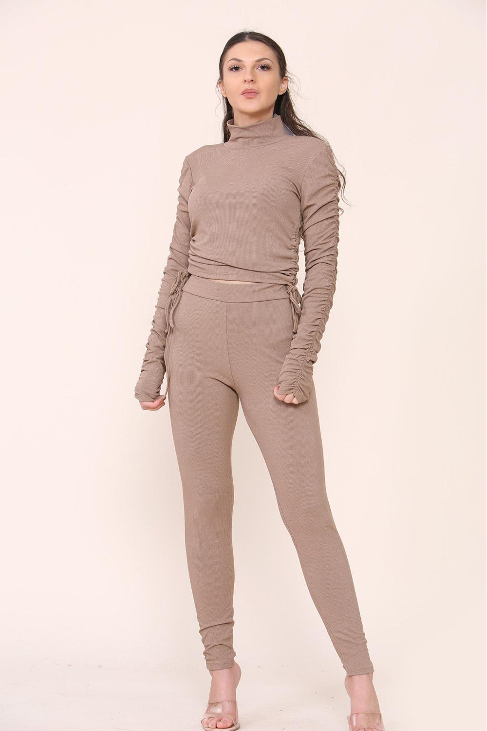 High Neck Ruched Side Arm Solid Drawstrings Ribbed Tee and Leggings