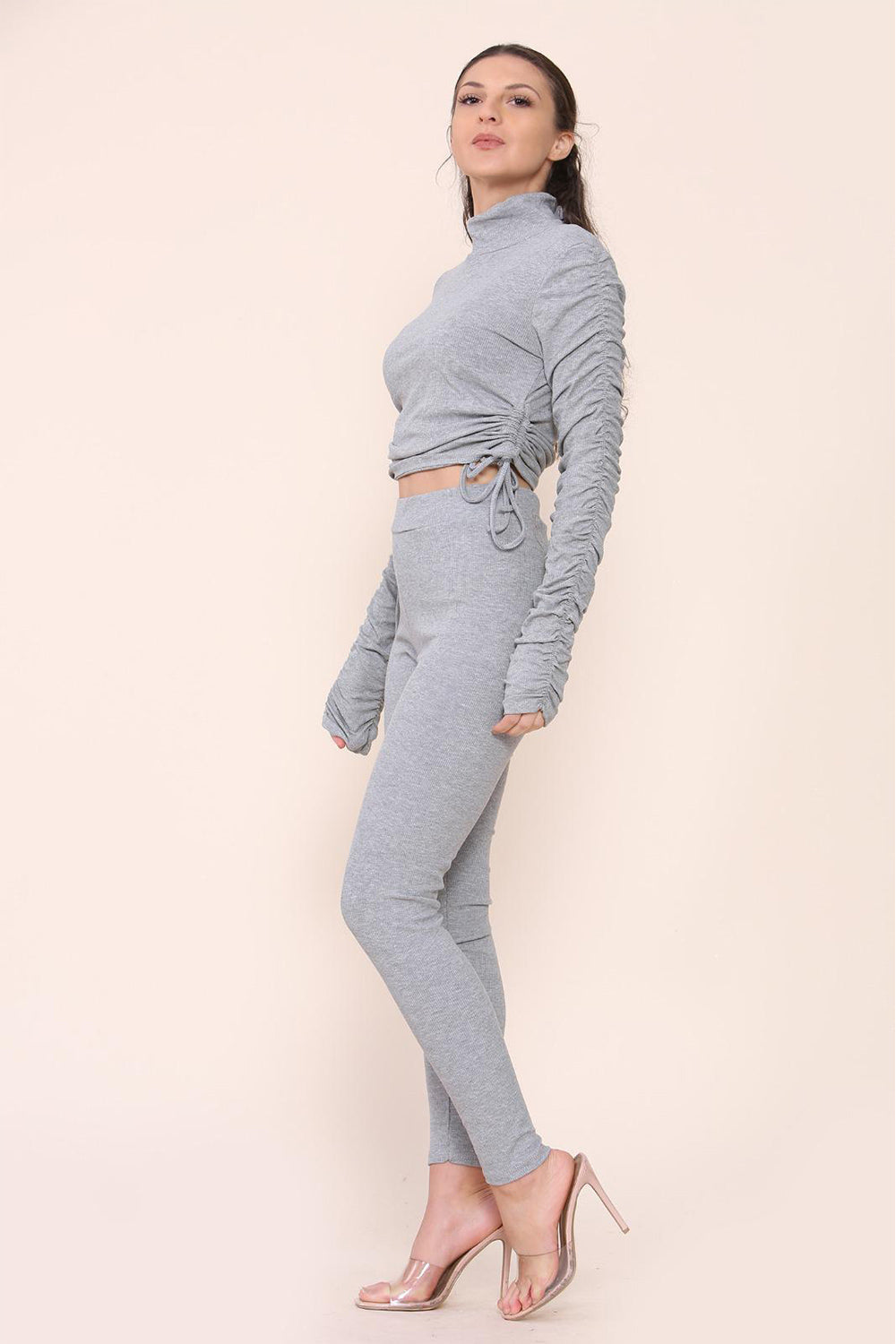 High Neck Ruched Side Arm Solid Drawstrings Ribbed Tee and Leggings
