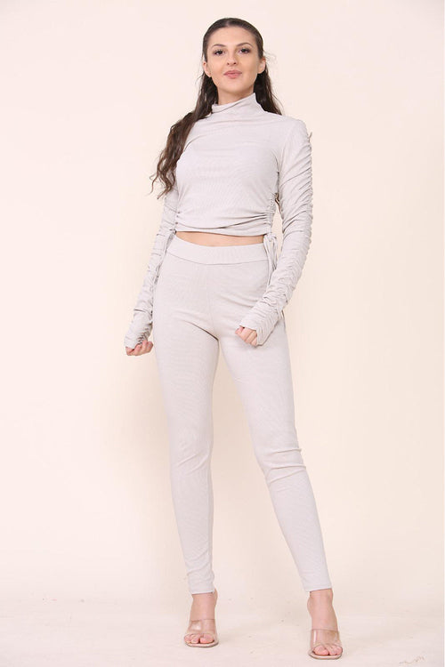 High Neck Ruched Side Arm Solid Drawstrings Ribbed Tee and Leggings