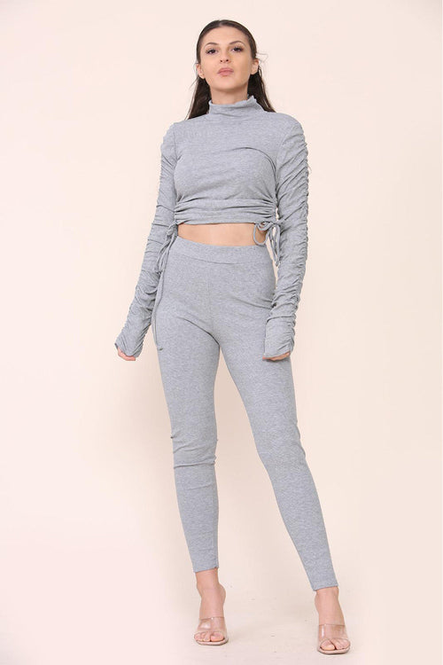 High Neck Ruched Side Arm Solid Drawstrings Ribbed Tee and Leggings