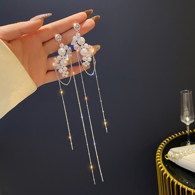 Dramatic Pearls and Crystals with Super Long Tassel Earrings