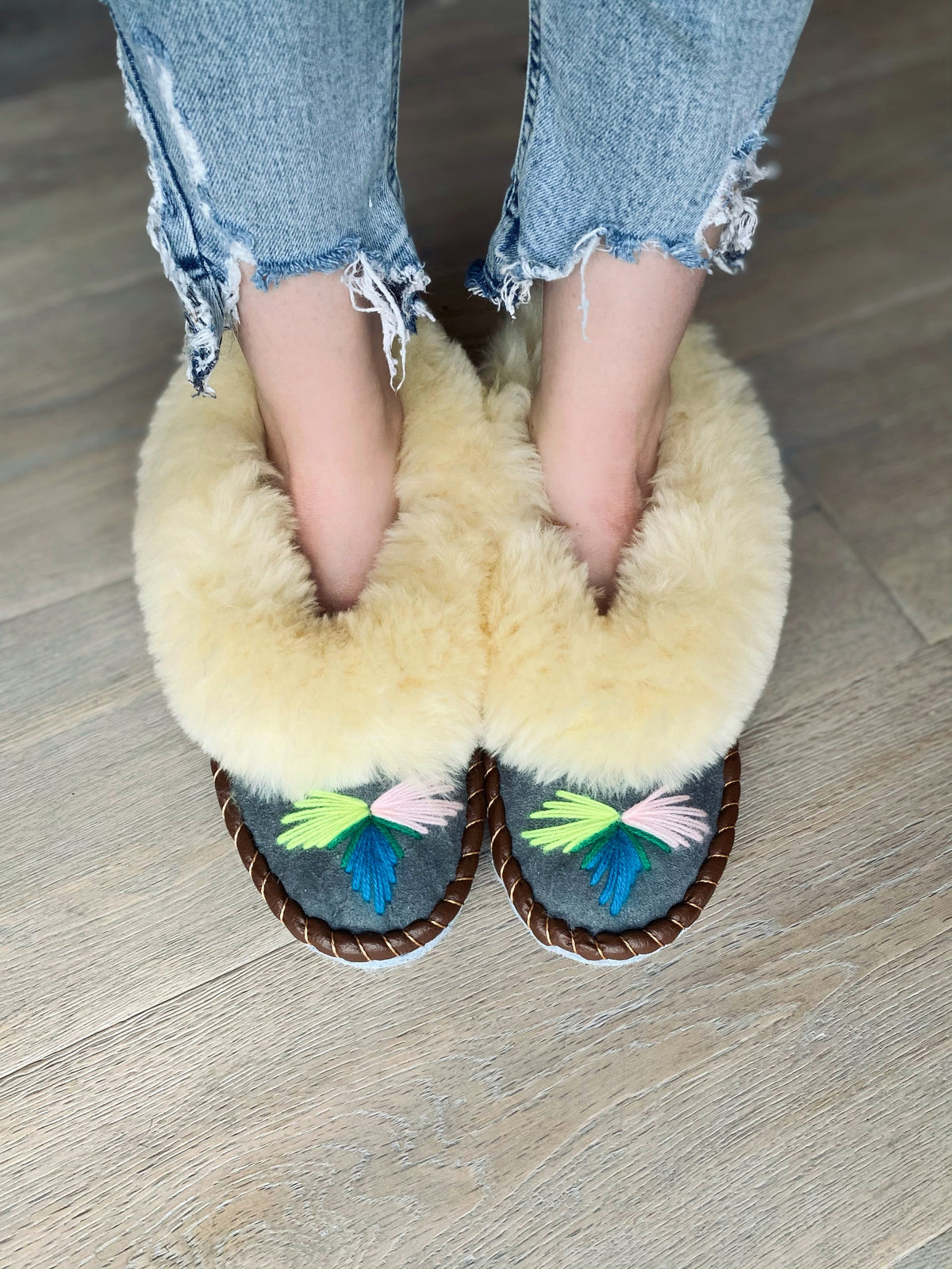 Natural Fur Embroidered Moccasin Slippers Lucky Dip