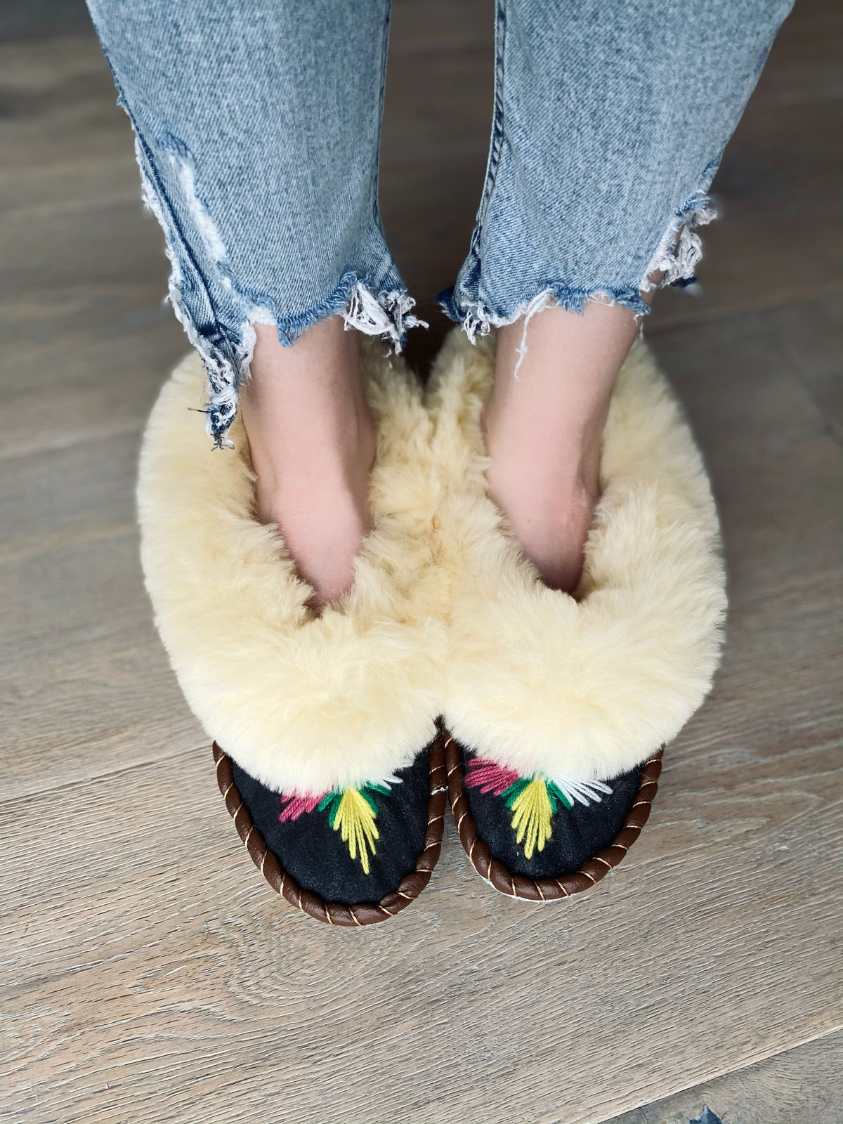 Natural Fur Embroidered Moccasin Slippers Lucky Dip