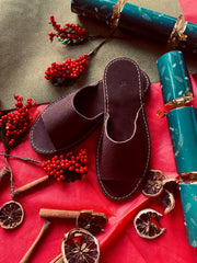 Leather Open Toe Slippers in Chocolate