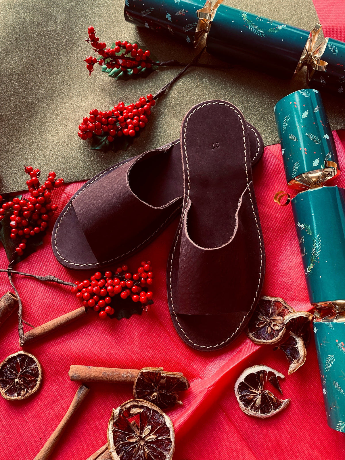 Leather Open Toe Slippers in Chocolate