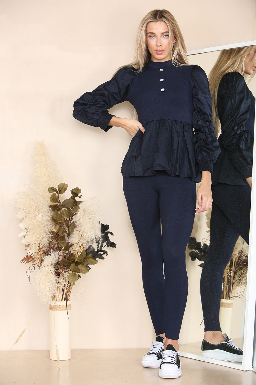 Long Ruched Sleeves Ribbed Peplum Diamond Buttons Frilled Hem Lounge