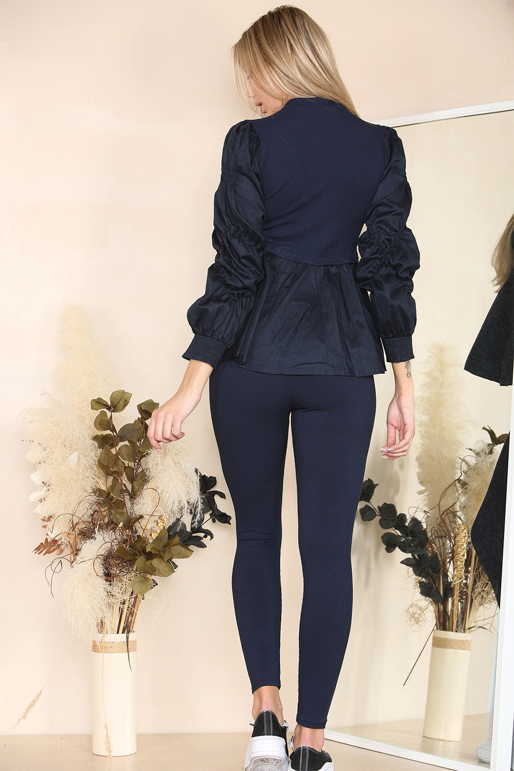 Long Ruched Sleeves Ribbed Peplum Diamond Buttons Frilled Hem Lounge