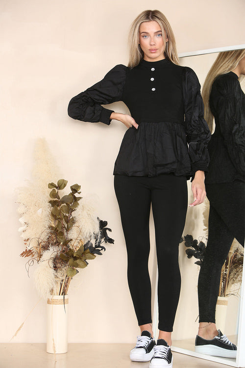 Long Ruched Sleeves Ribbed Peplum Diamond Buttons Frilled Hem Lounge