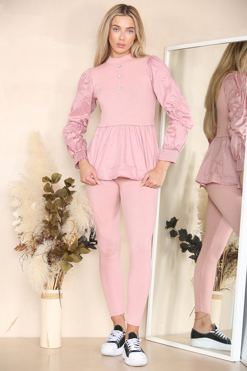 Long Ruched Sleeves Ribbed Peplum Diamond Buttons Frilled Hem Lounge