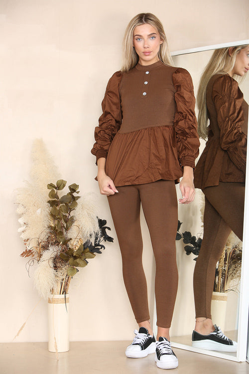 Long Ruched Sleeves Ribbed Peplum Diamond Buttons Frilled Hem Lounge