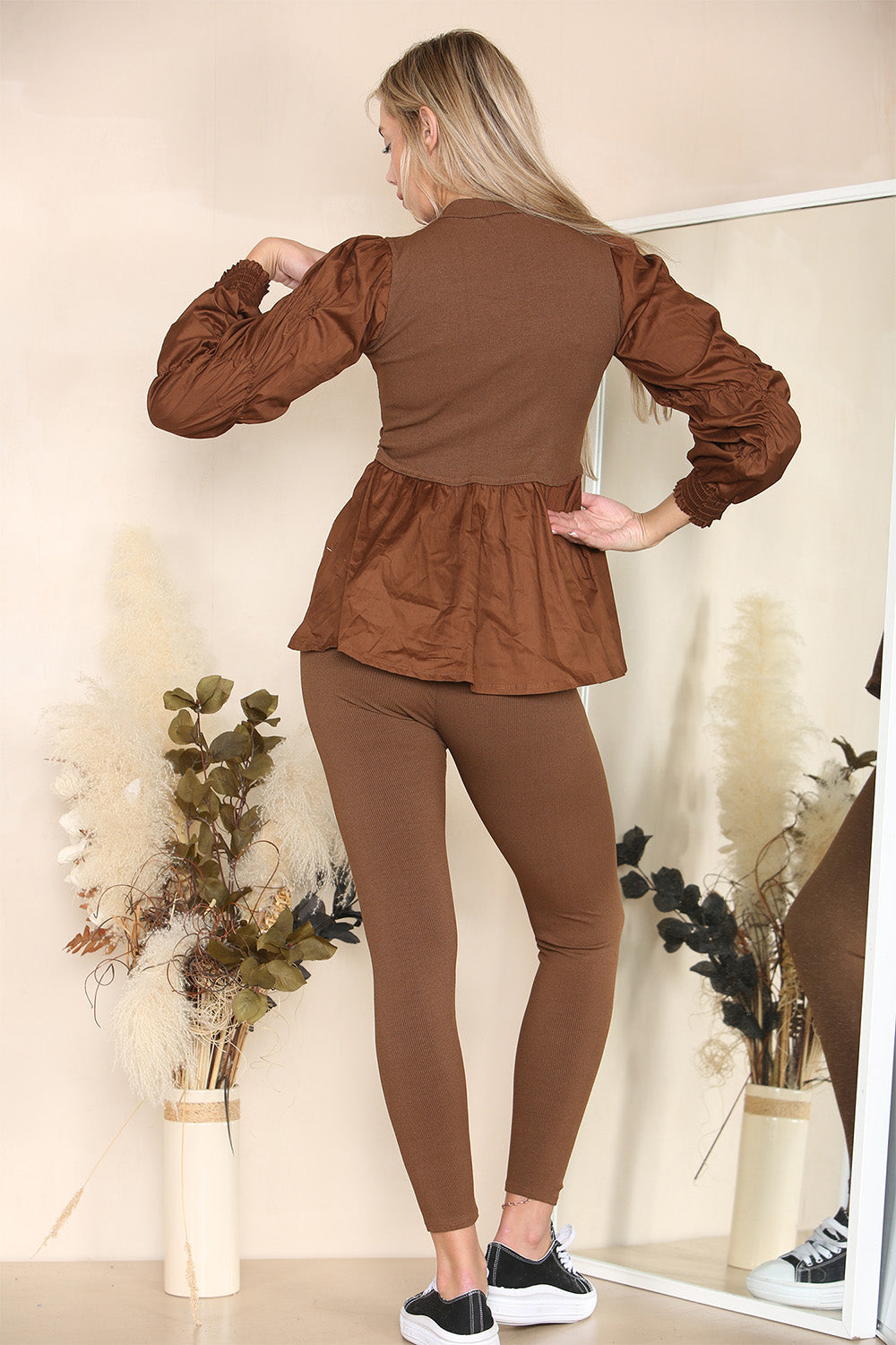 Long Ruched Sleeves Ribbed Peplum Diamond Buttons Frilled Hem Lounge