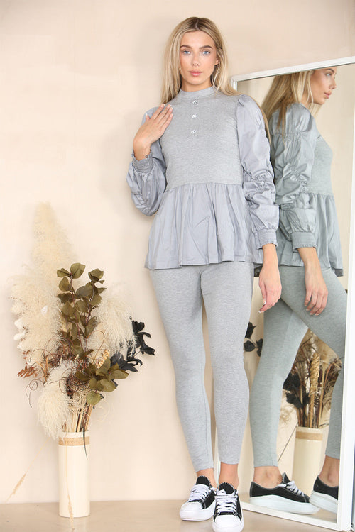 Long Ruched Sleeves Ribbed Peplum Diamond Buttons Frilled Hem Lounge