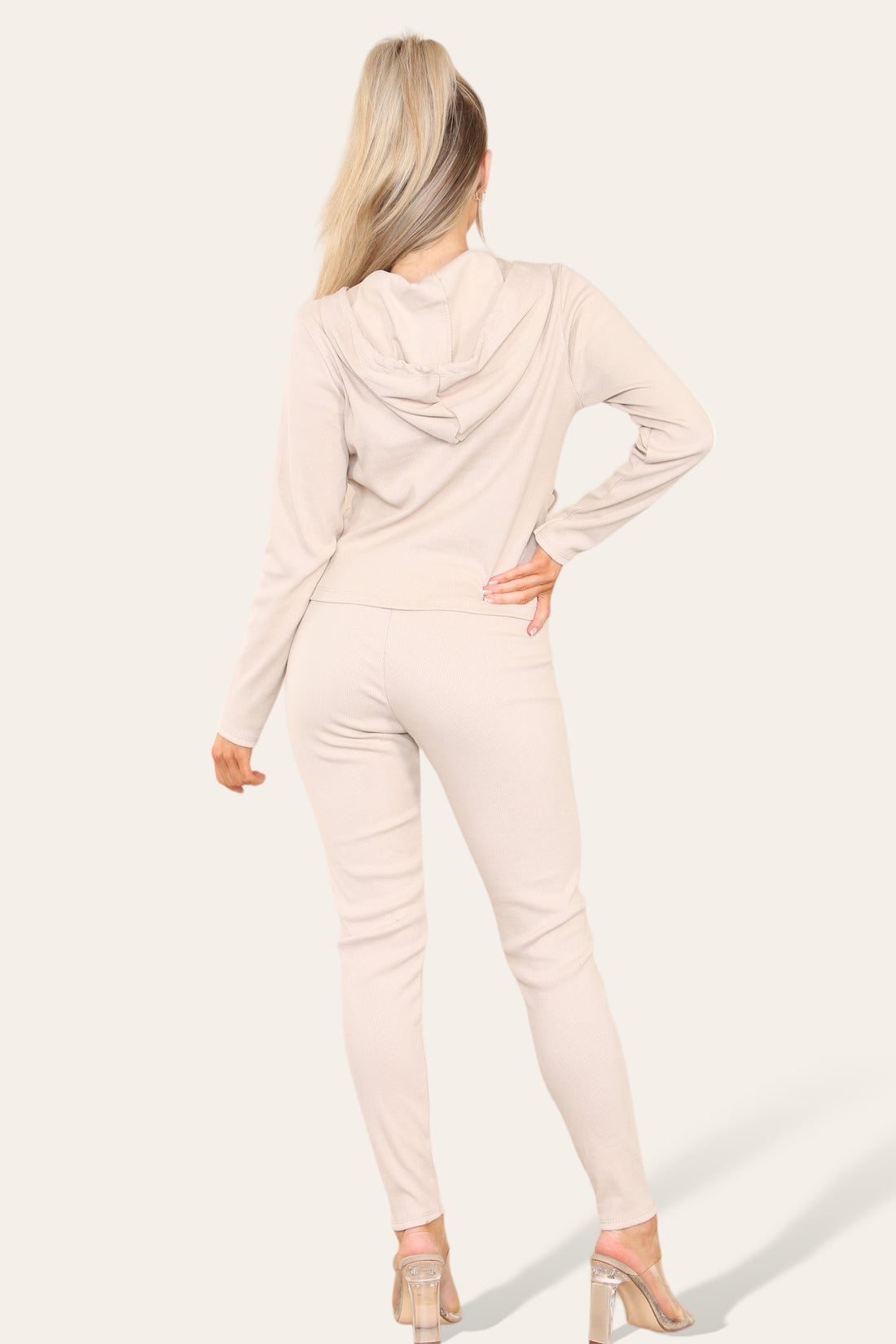 Front Pocket Zip Suit Ribbed Hooded Lounge Wear Set