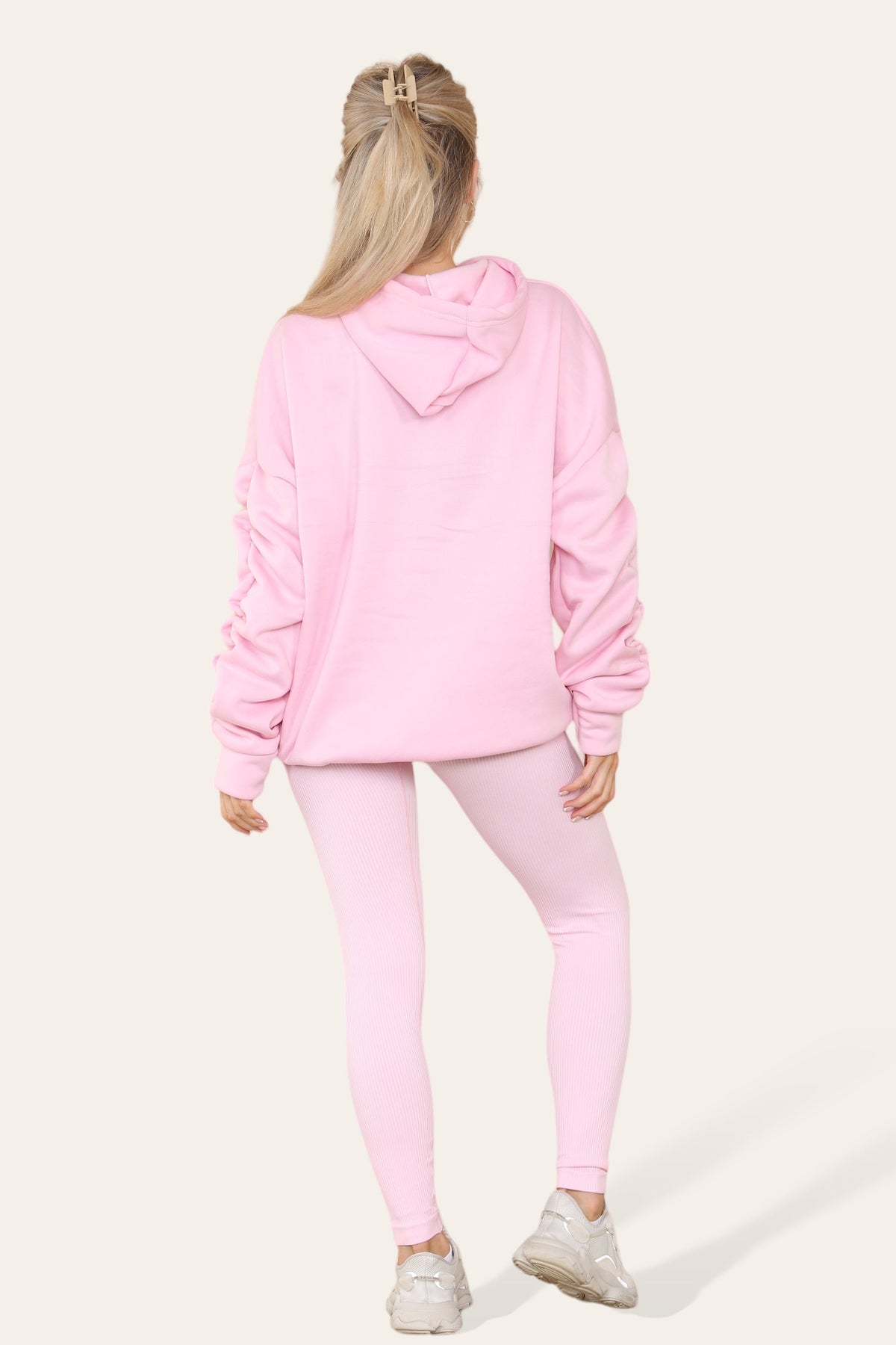Oversized Ruched Sleeves Hoodie With Satin Ribbon