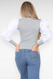 Oversized Puff Sleeves Ribbed Top