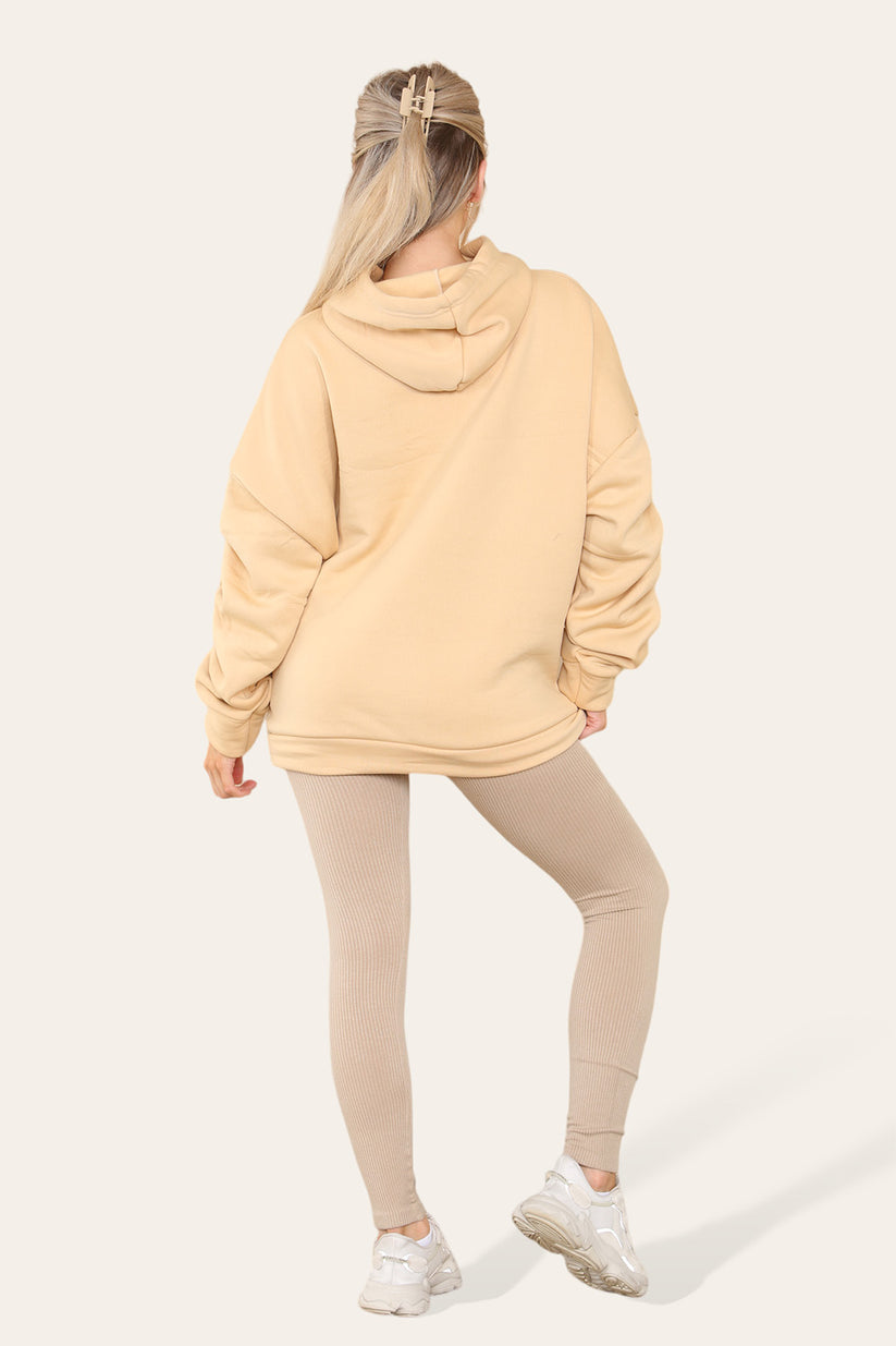 Plus Size Ruched Sleeves Hoodie With Satin Ribbon